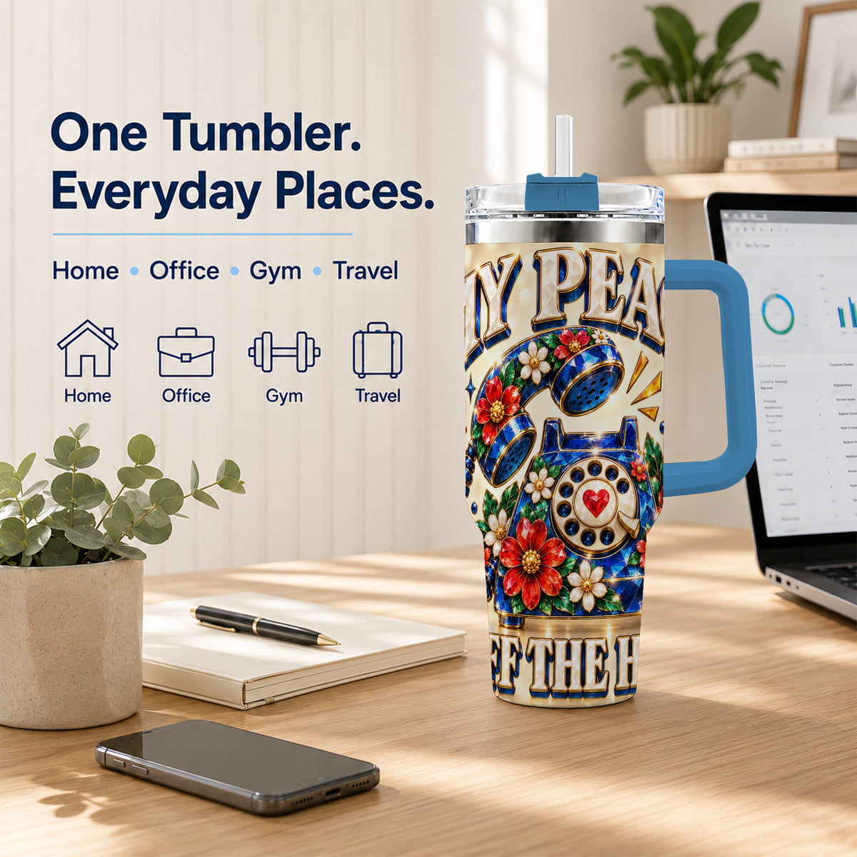 #pl[40oz|Blue] Jeweled Rotary Phone 40oz Tumbler, Floral Stainless Steel Travel Cup