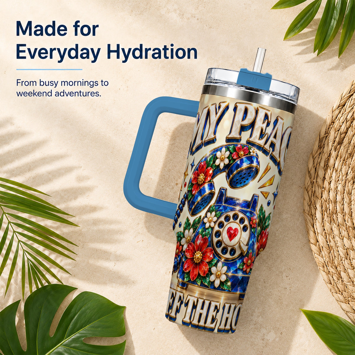 #pl[40oz|Blue] Jeweled Rotary Phone 40oz Tumbler, Floral Stainless Steel Travel Cup
