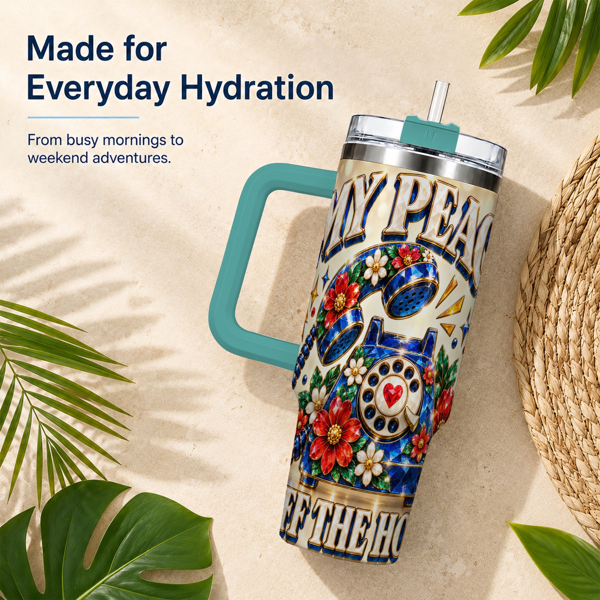 #pl[40oz|Green] Jeweled Rotary Phone 40oz Tumbler, Floral Stainless Steel Travel Cup