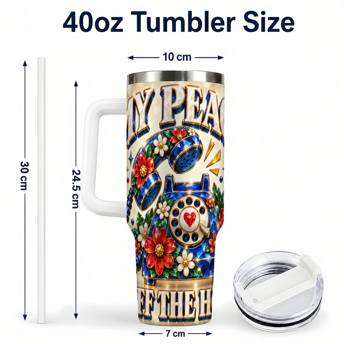 #pl[40oz|White] Jeweled Rotary Phone 40oz Tumbler, Floral Stainless Steel Travel Cup