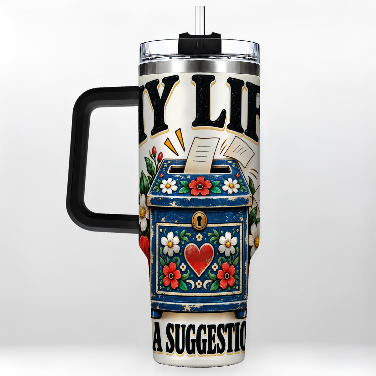 #pl[40oz|Black] Floral Box 40oz Tumbler with Handle, Witty Quote Travel Cup