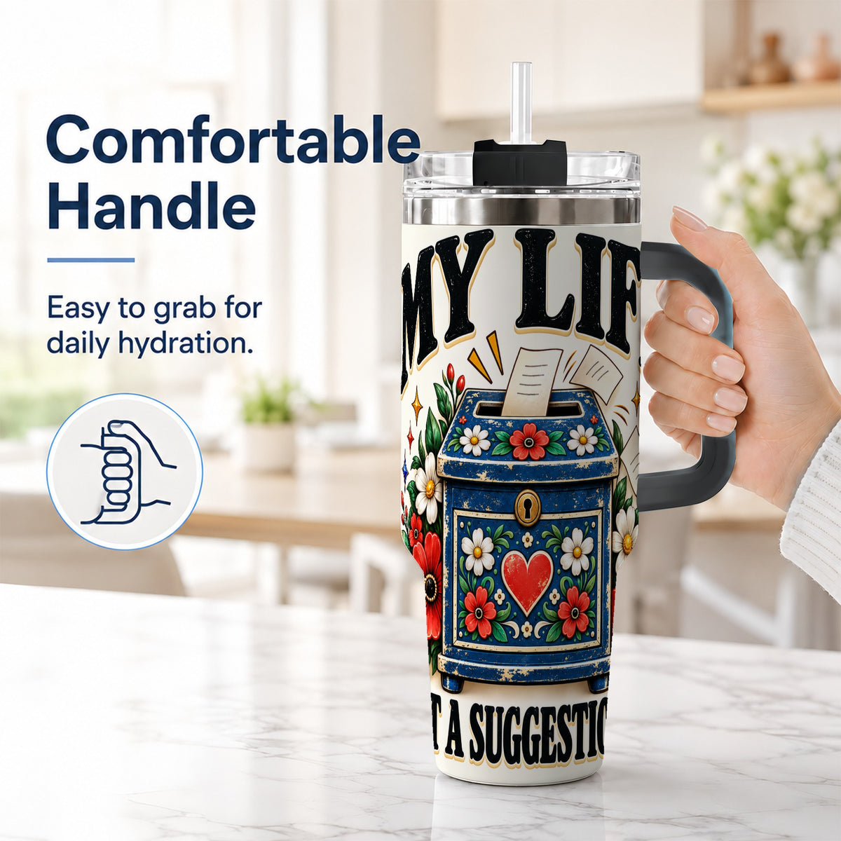 #pl[40oz|Black] Floral Box 40oz Tumbler with Handle, Witty Quote Travel Cup