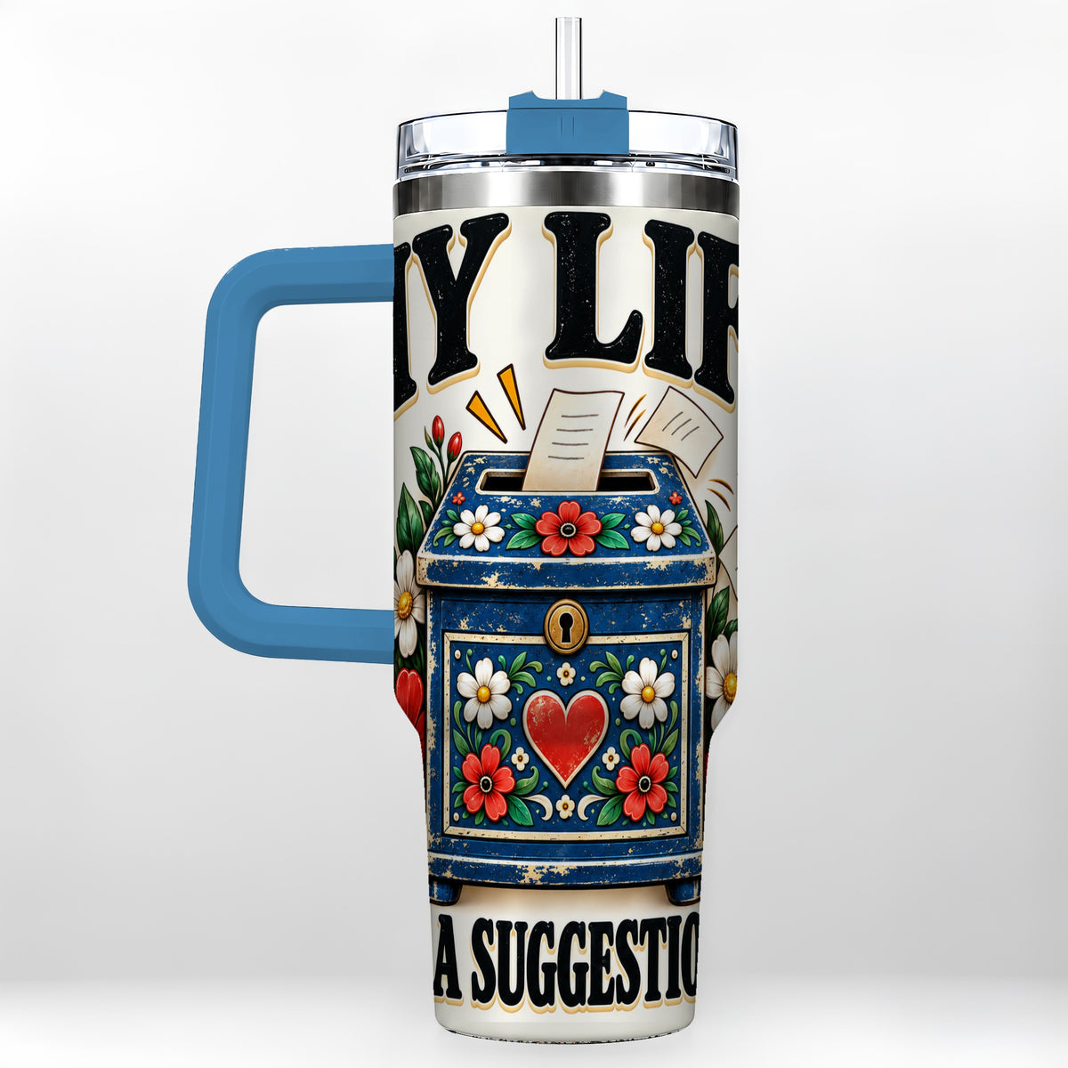 #pl[40oz|Blue] Floral Box 40oz Tumbler with Handle, Witty Quote Travel Cup