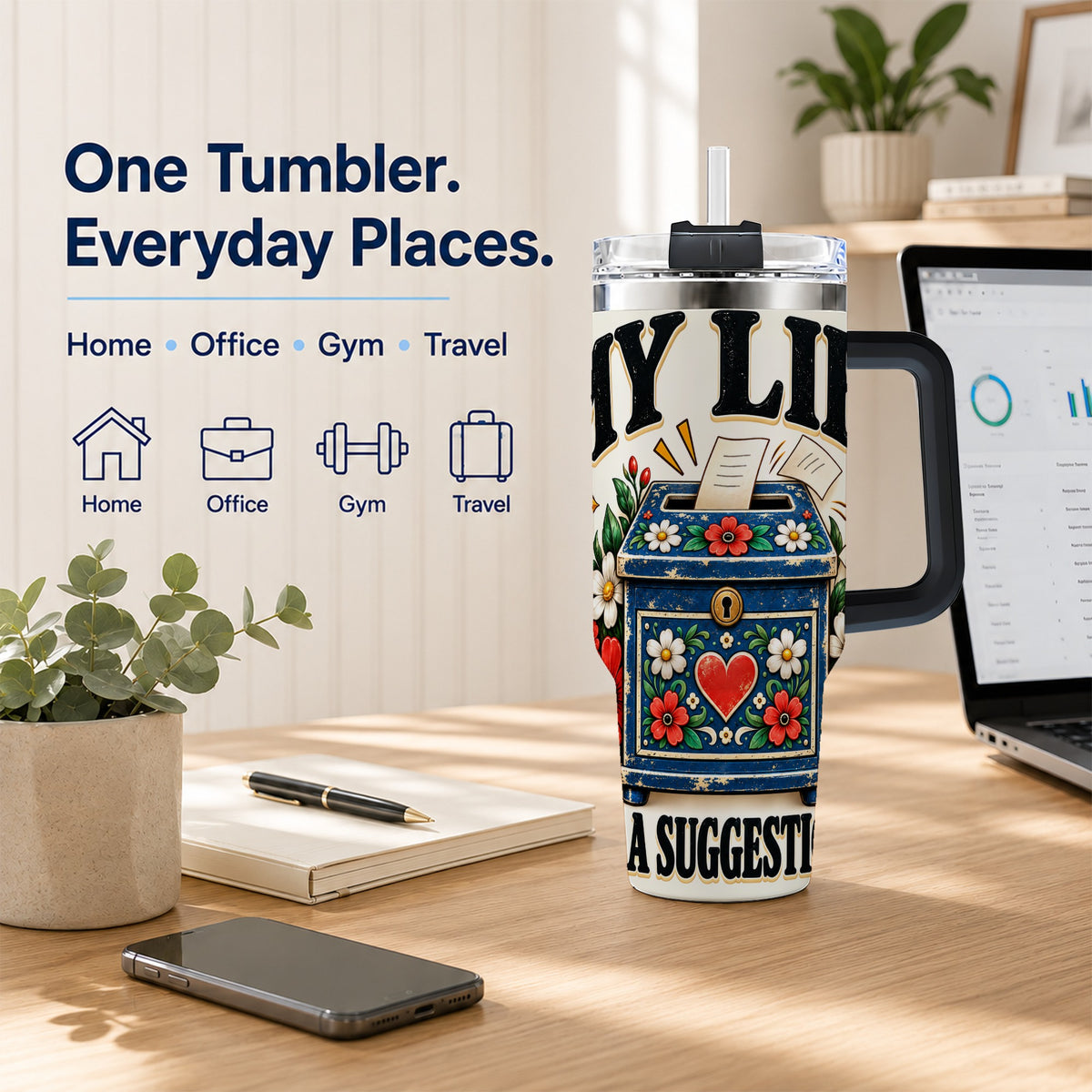 #pl[40oz|Black] Floral Box 40oz Tumbler with Handle, Witty Quote Travel Cup