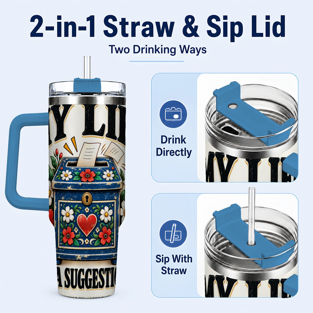 #pl[40oz|Blue] Floral Box 40oz Tumbler with Handle, Witty Quote Travel Cup