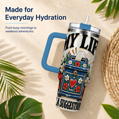 #pl[40oz|Blue] Floral Box 40oz Tumbler with Handle, Witty Quote Travel Cup