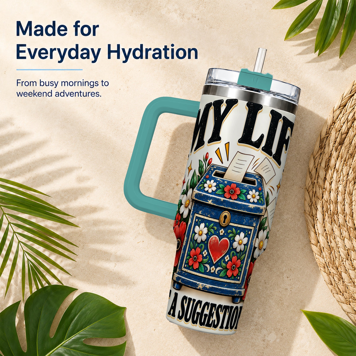 #pl[40oz|Green] Floral Box 40oz Tumbler with Handle, Witty Quote Travel Cup