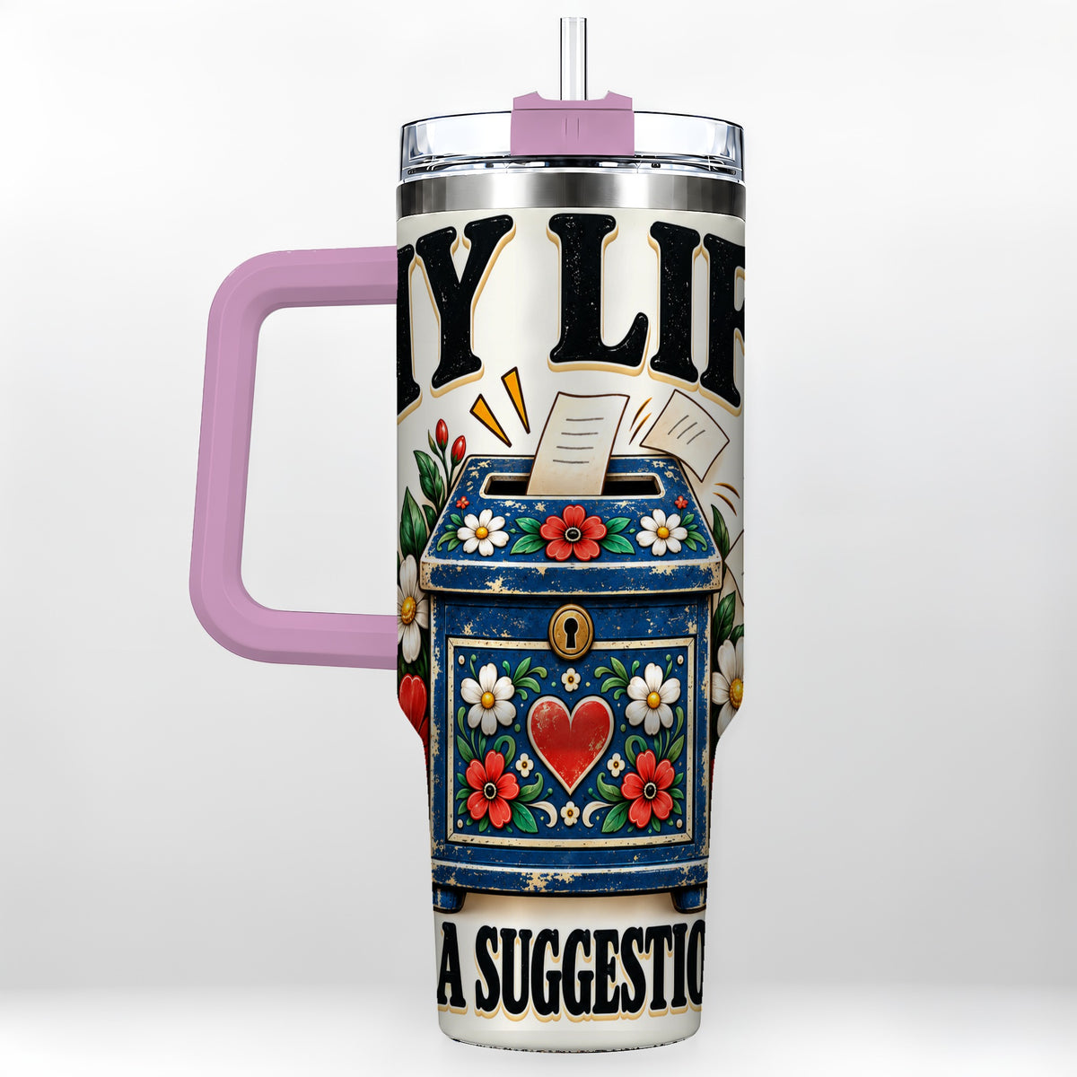 #pl[40oz|Pink] Floral Box 40oz Tumbler with Handle, Witty Quote Travel Cup