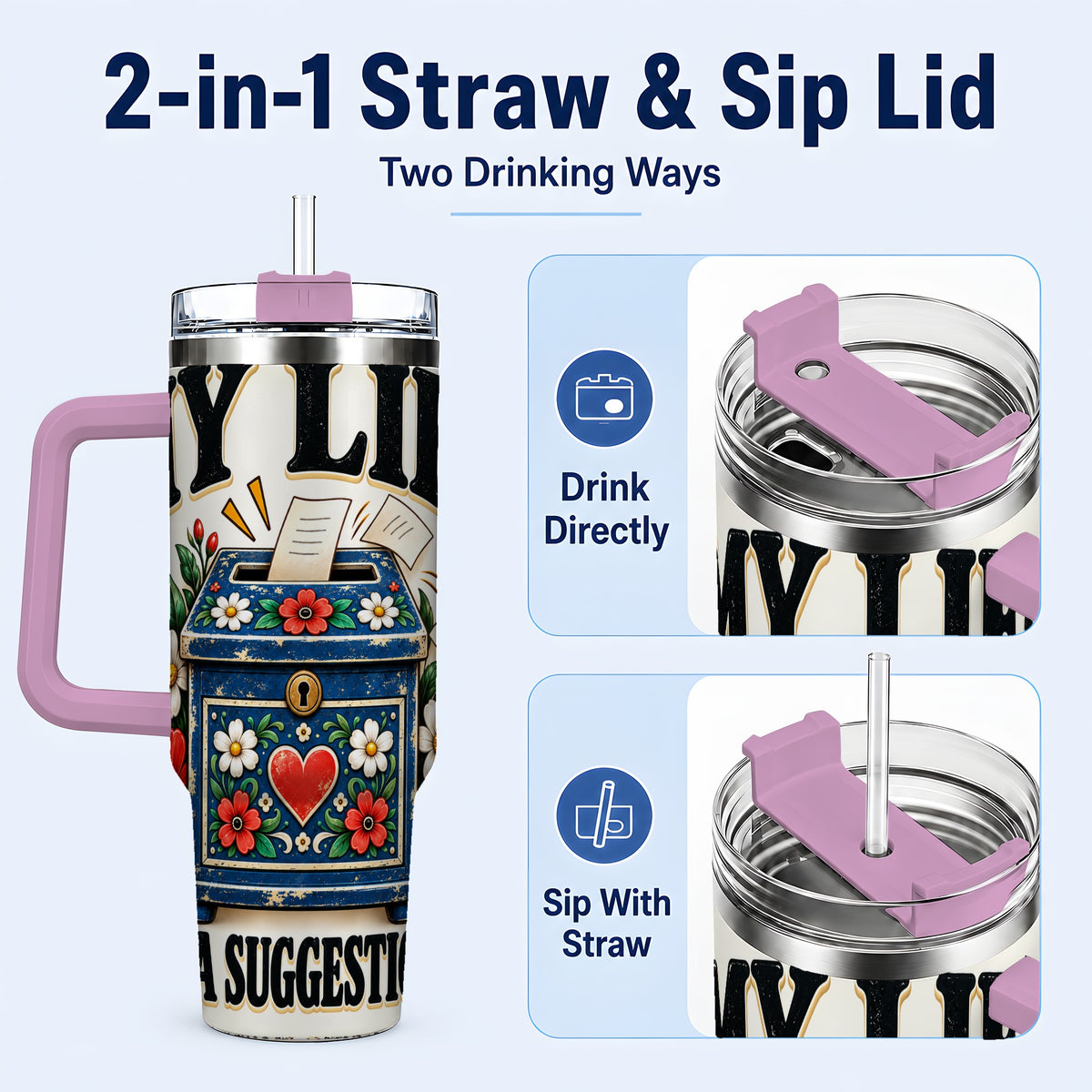 #pl[40oz|Pink] Floral Box 40oz Tumbler with Handle, Witty Quote Travel Cup