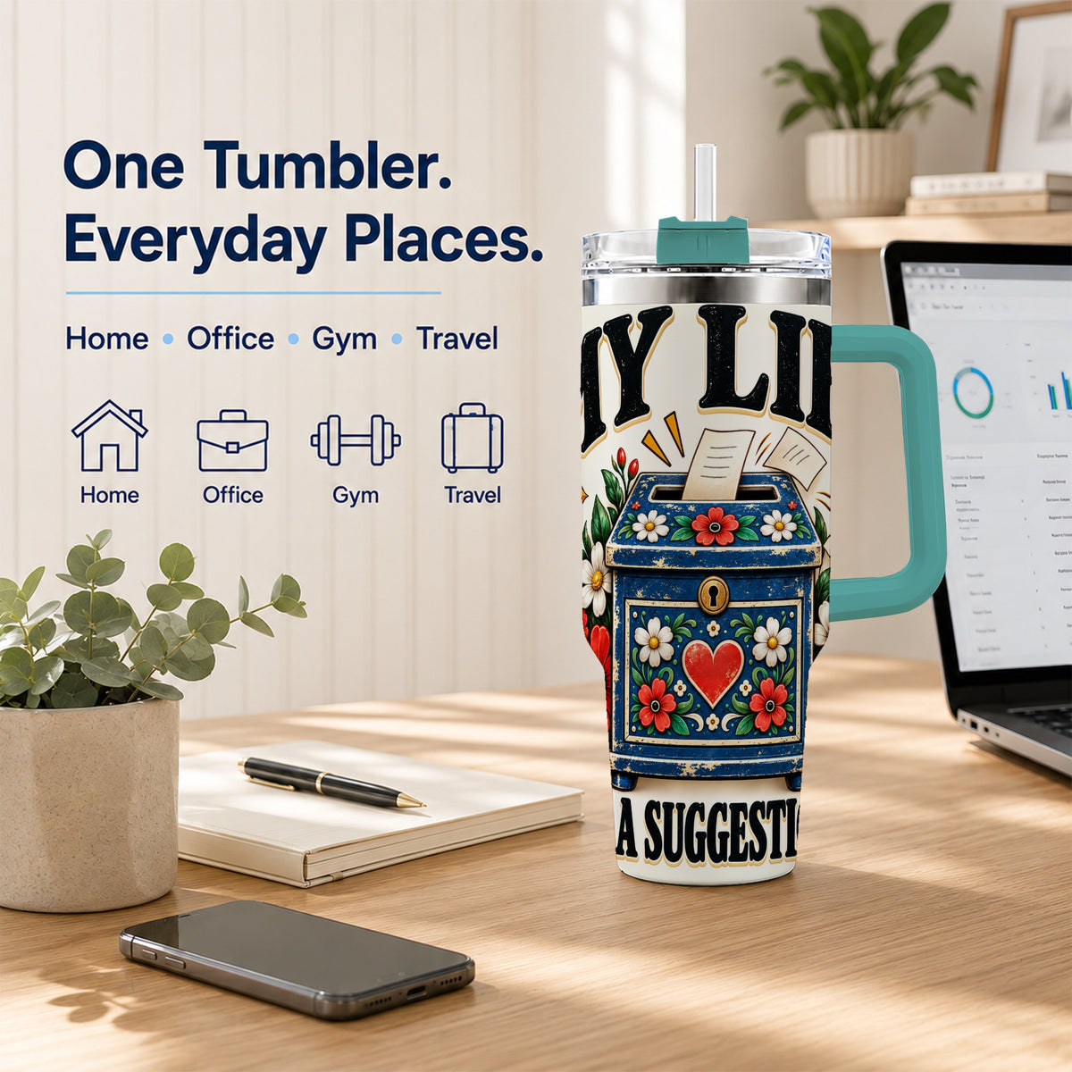 #pl[40oz|Green] Floral Box 40oz Tumbler with Handle, Witty Quote Travel Cup