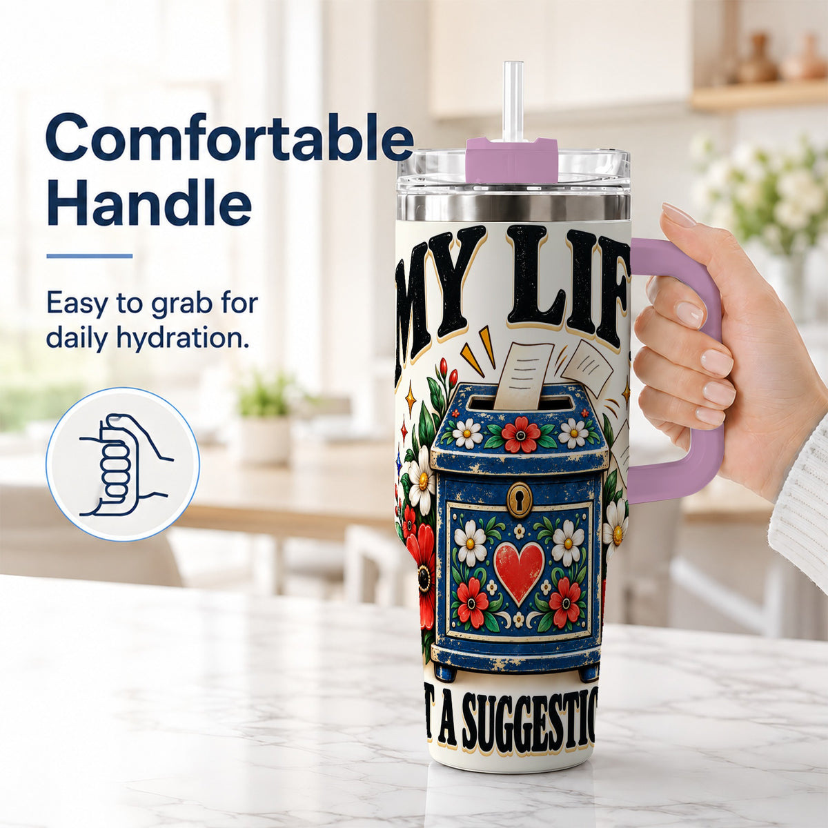 #pl[40oz|Pink] Floral Box 40oz Tumbler with Handle, Witty Quote Travel Cup