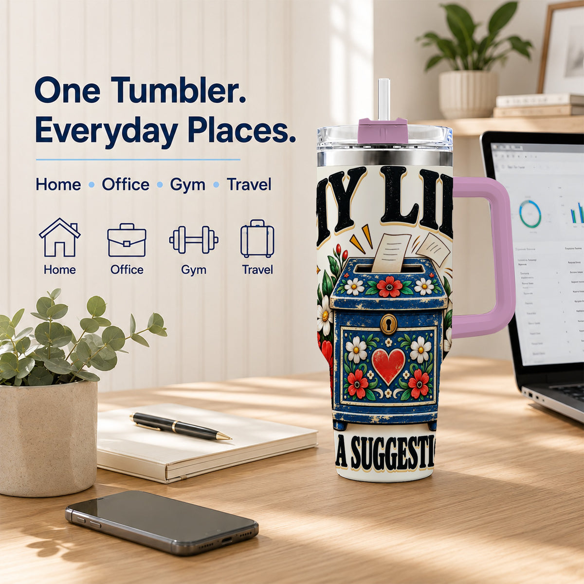 #pl[40oz|Pink] Floral Box 40oz Tumbler with Handle, Witty Quote Travel Cup