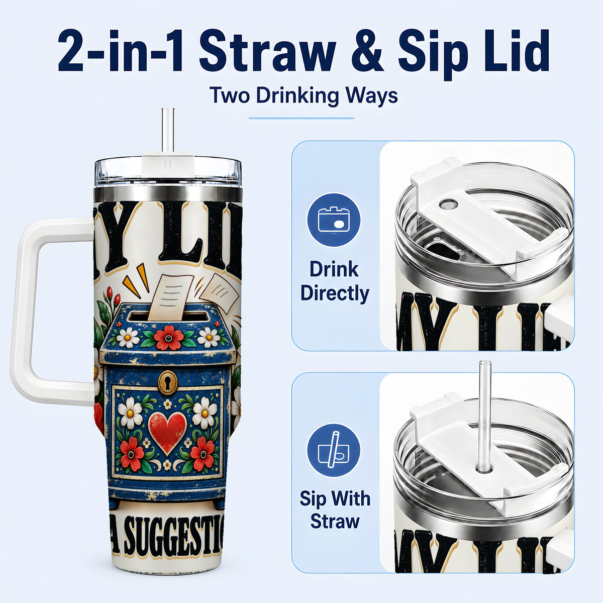 #pl[40oz|White] Floral Box 40oz Tumbler with Handle, Witty Quote Travel Cup