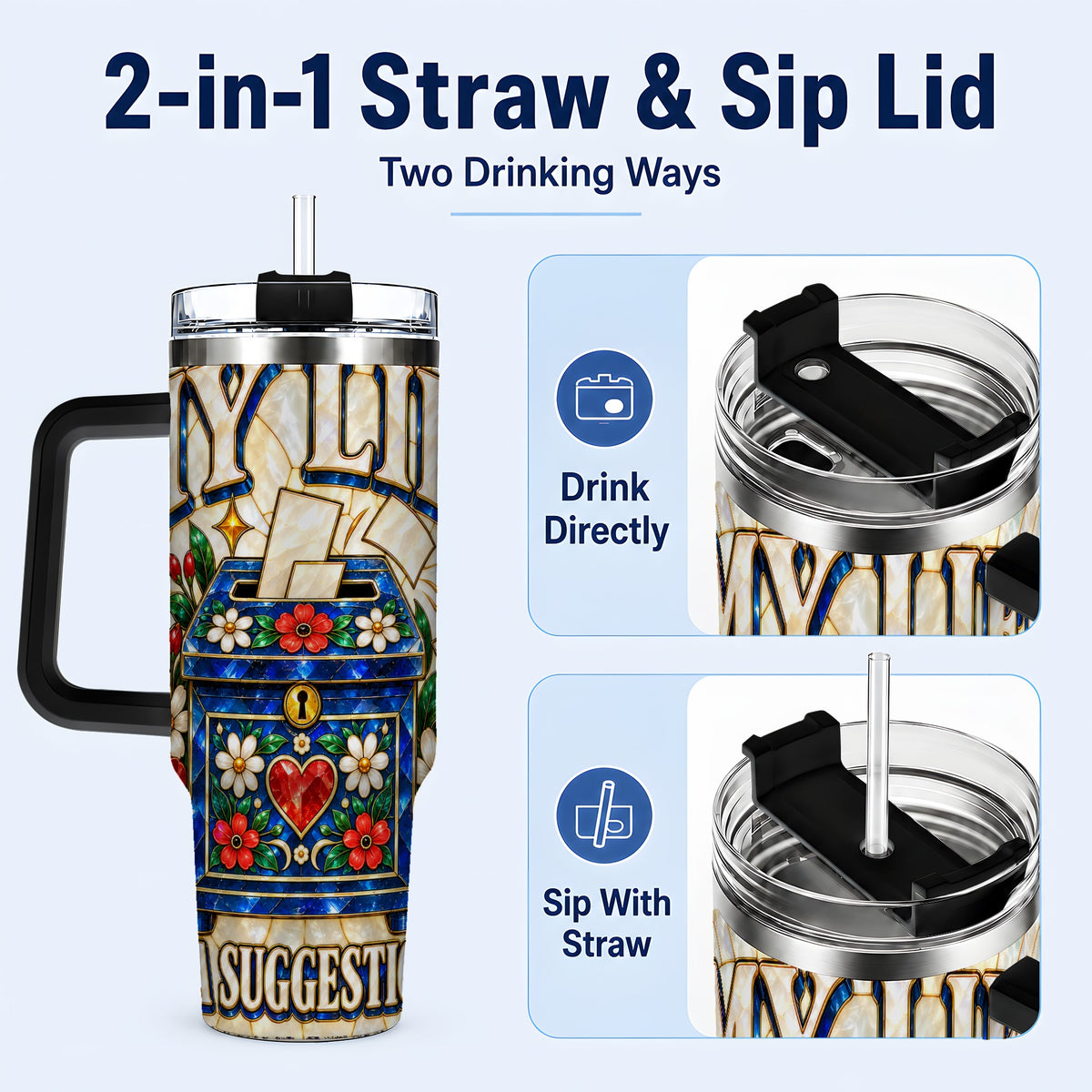 #pl[40oz|Black] Floral Box 40oz Tumbler with Handle, Stained Glass Style Travel Cup