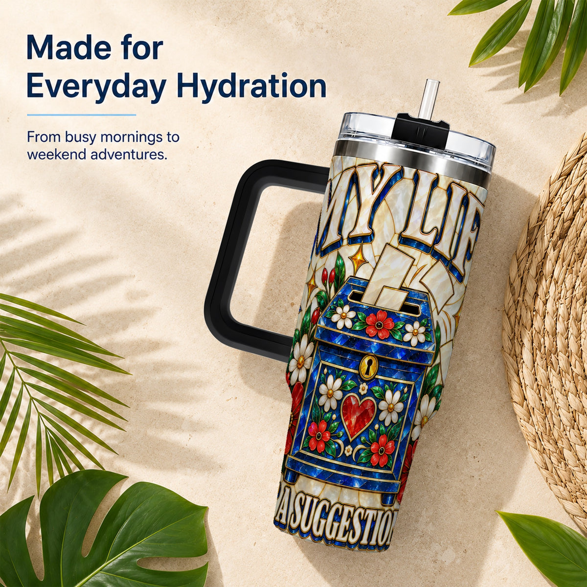 #pl[40oz|Black] Floral Box 40oz Tumbler with Handle, Stained Glass Style Travel Cup