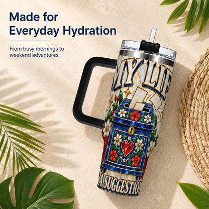 #pl[40oz|Black] Floral Box 40oz Tumbler with Handle, Stained Glass Style Travel Cup
