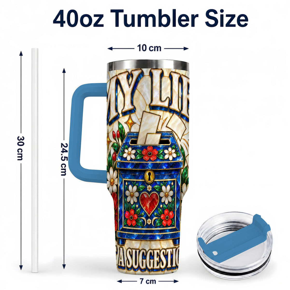 #pl[40oz|Blue] Floral Box 40oz Tumbler with Handle, Stained Glass Style Travel Cup
