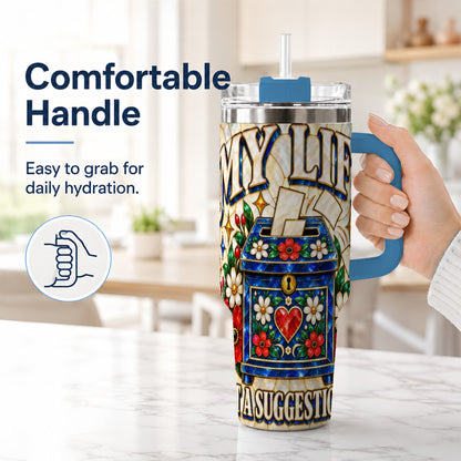 #pl[40oz|Blue] Floral Box 40oz Tumbler with Handle, Stained Glass Style Travel Cup