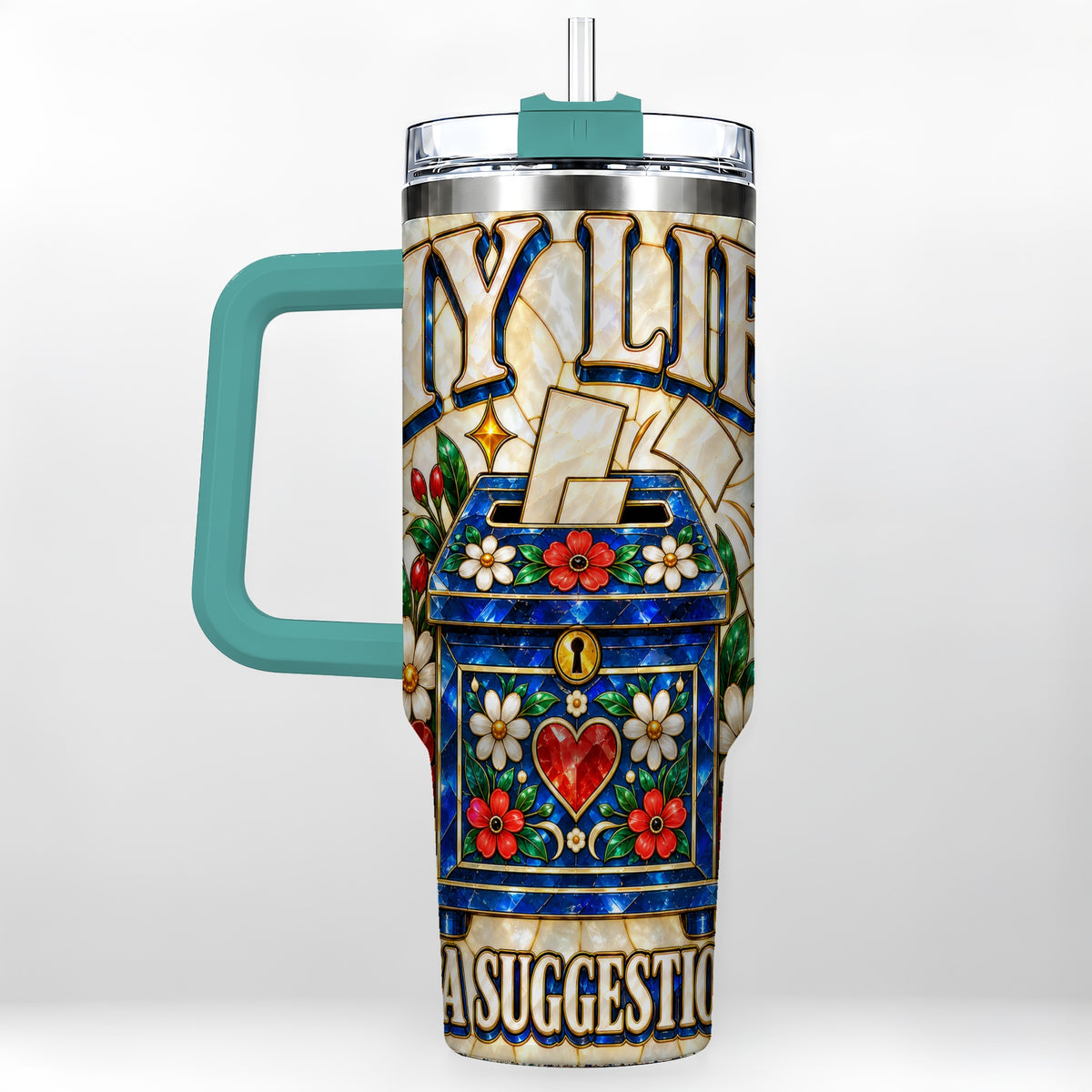 #pl[40oz|Green] Floral Box 40oz Tumbler with Handle, Stained Glass Style Travel Cup