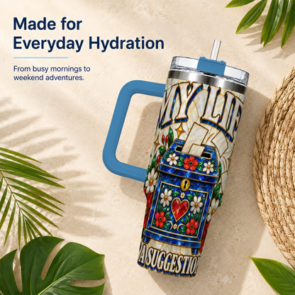 #pl[40oz|Blue] Floral Box 40oz Tumbler with Handle, Stained Glass Style Travel Cup