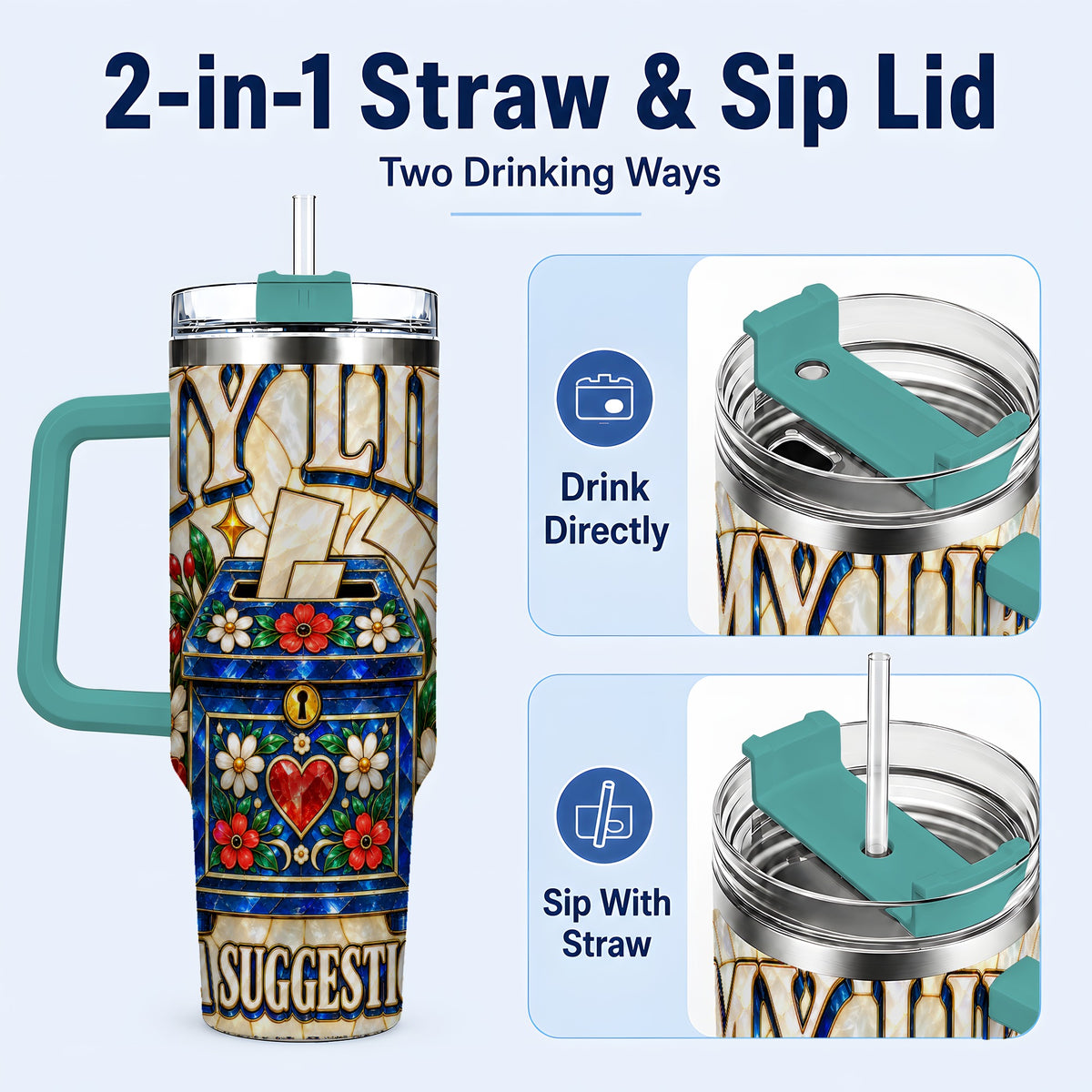 #pl[40oz|Green] Floral Box 40oz Tumbler with Handle, Stained Glass Style Travel Cup