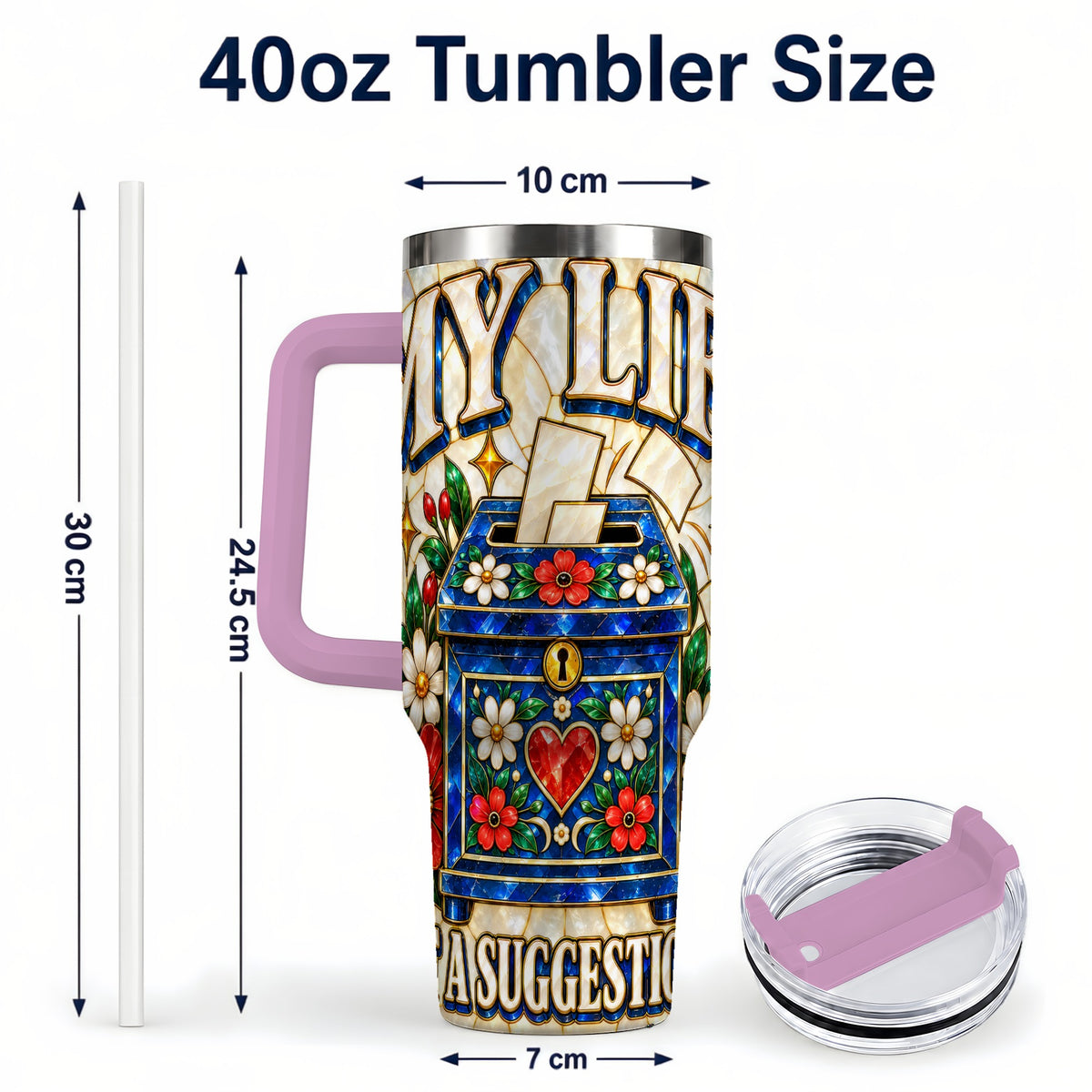 #pl[40oz|Pink] Floral Box 40oz Tumbler with Handle, Stained Glass Style Travel Cup