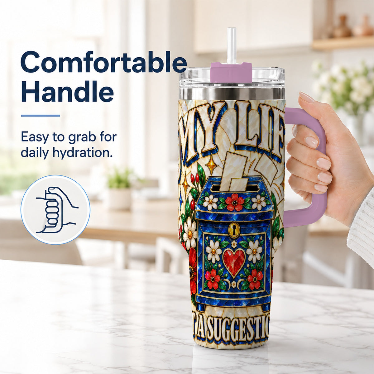 #pl[40oz|Pink] Floral Box 40oz Tumbler with Handle, Stained Glass Style Travel Cup
