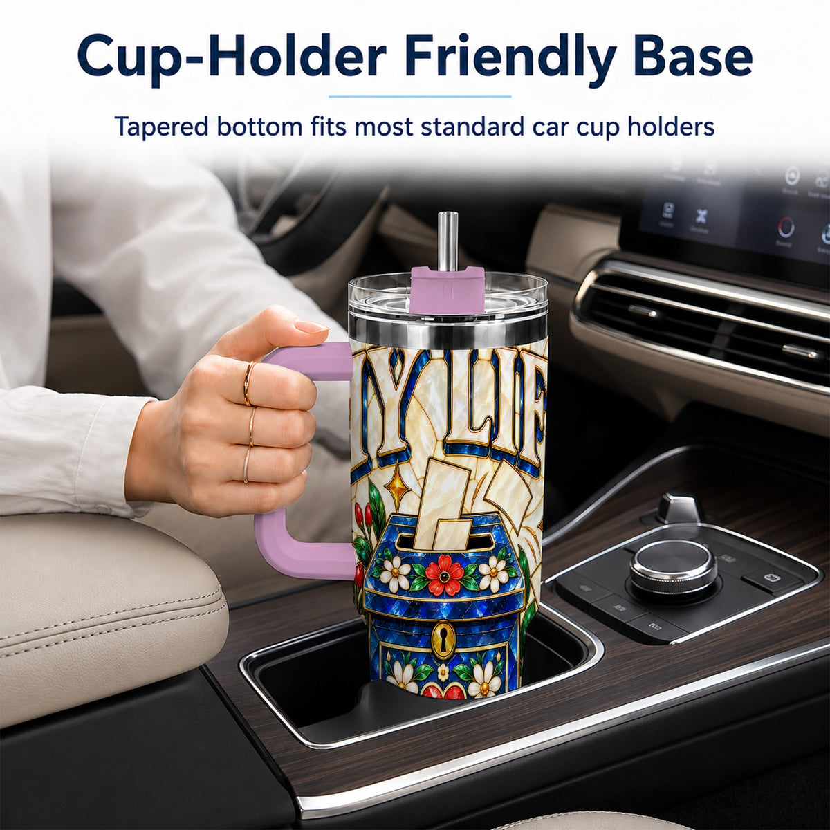 #pl[40oz|Pink] Floral Box 40oz Tumbler with Handle, Stained Glass Style Travel Cup