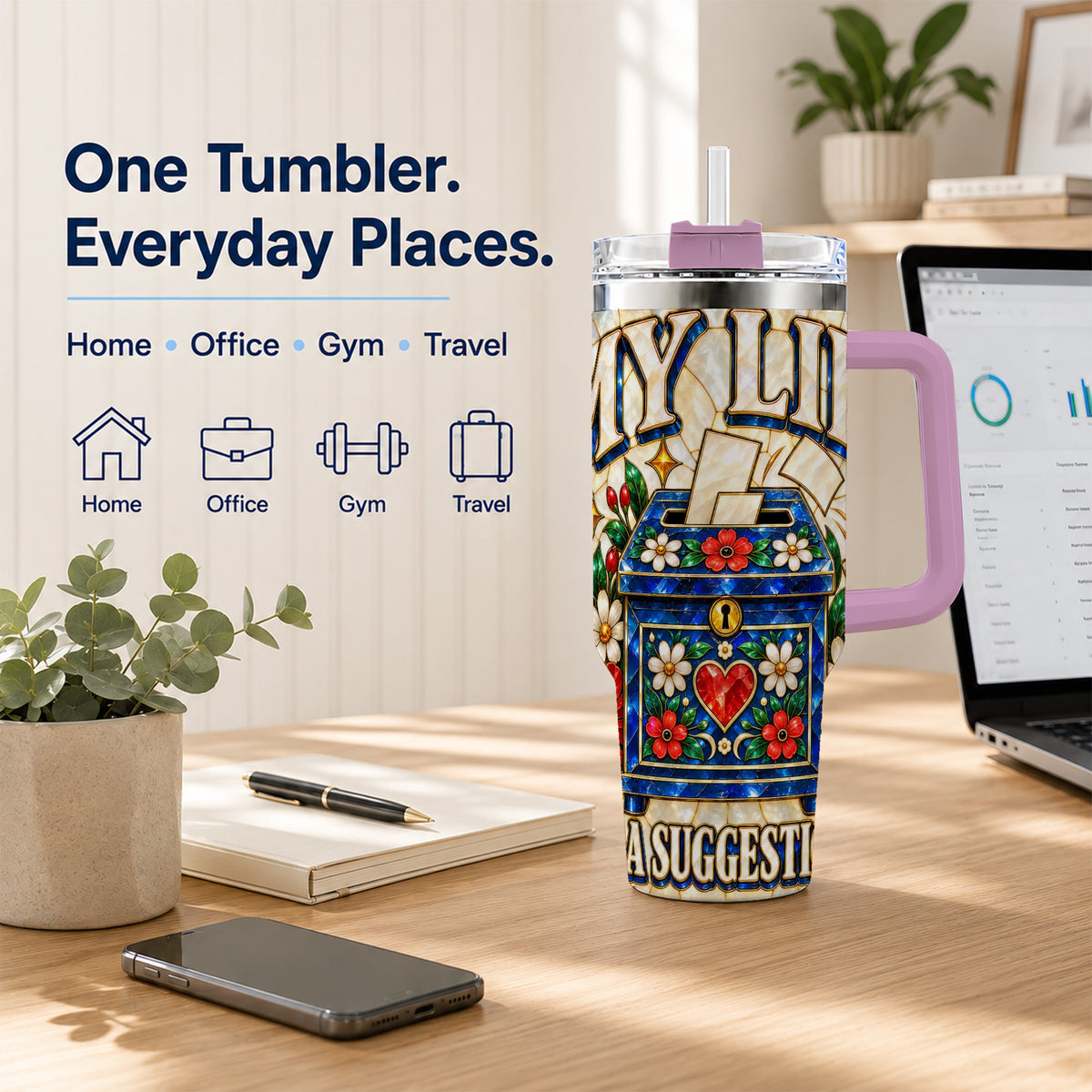 #pl[40oz|Pink] Floral Box 40oz Tumbler with Handle, Stained Glass Style Travel Cup