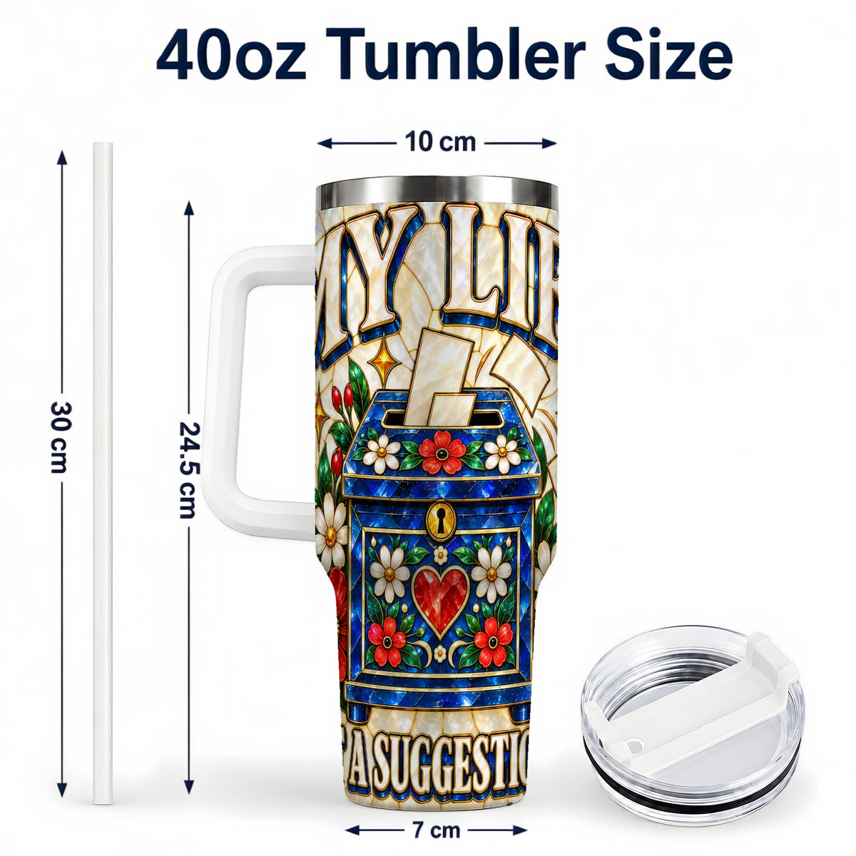 #pl[40oz|White] Floral Box 40oz Tumbler with Handle, Stained Glass Style Travel Cup