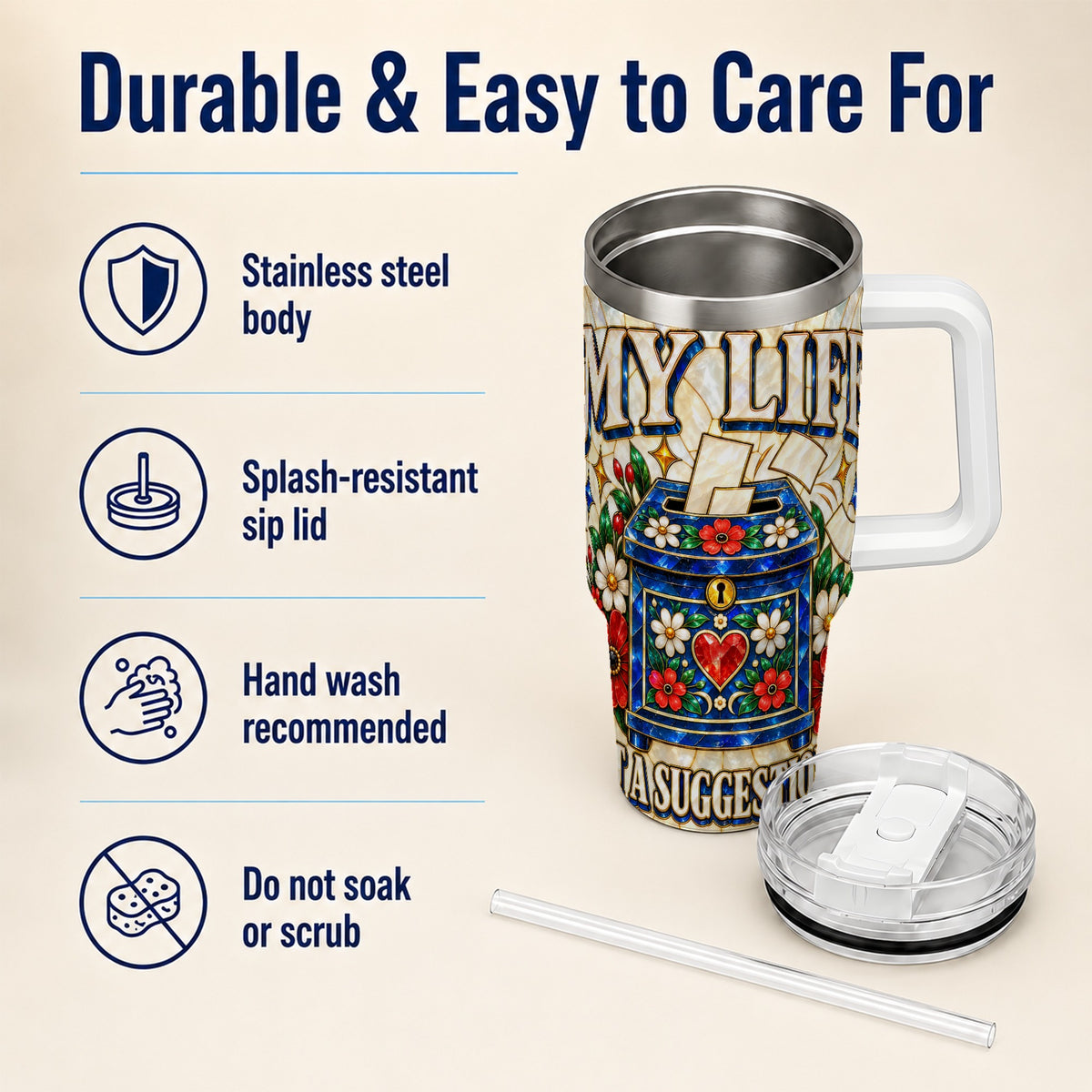 #pl[40oz|White] Floral Box 40oz Tumbler with Handle, Stained Glass Style Travel Cup