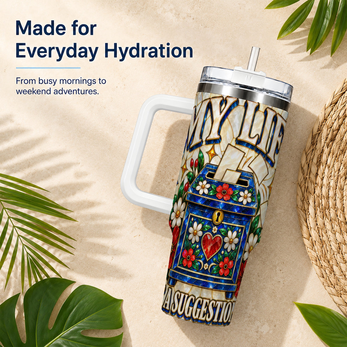 #pl[40oz|White] Floral Box 40oz Tumbler with Handle, Stained Glass Style Travel Cup