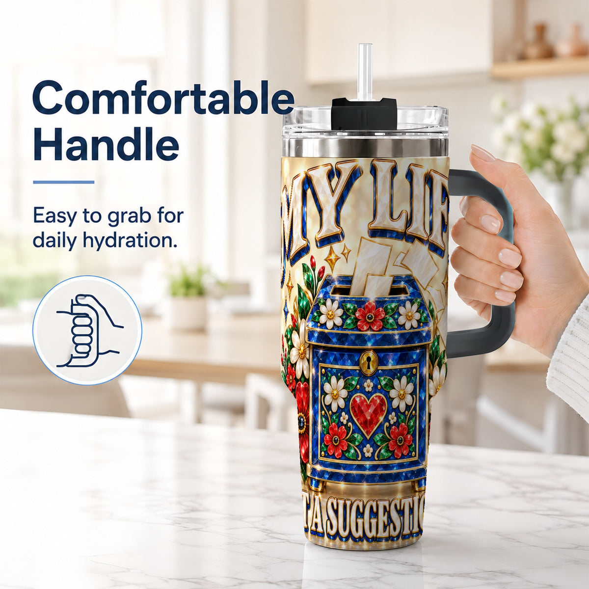 #pl[40oz|Black] Jeweled Floral Box 40oz Tumbler with Handle, Witty Travel Cup