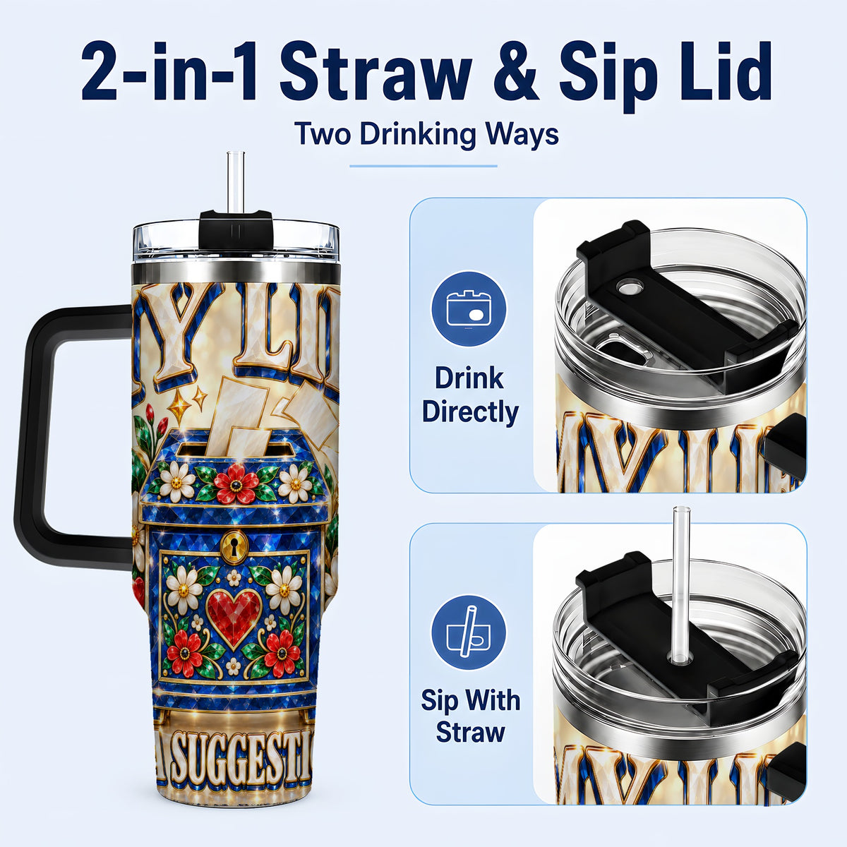 #pl[40oz|Black] Jeweled Floral Box 40oz Tumbler with Handle, Witty Travel Cup