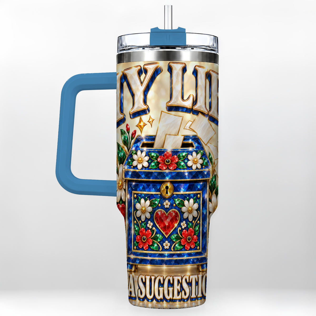 #pl[40oz|Blue] Jeweled Floral Box 40oz Tumbler with Handle, Witty Travel Cup