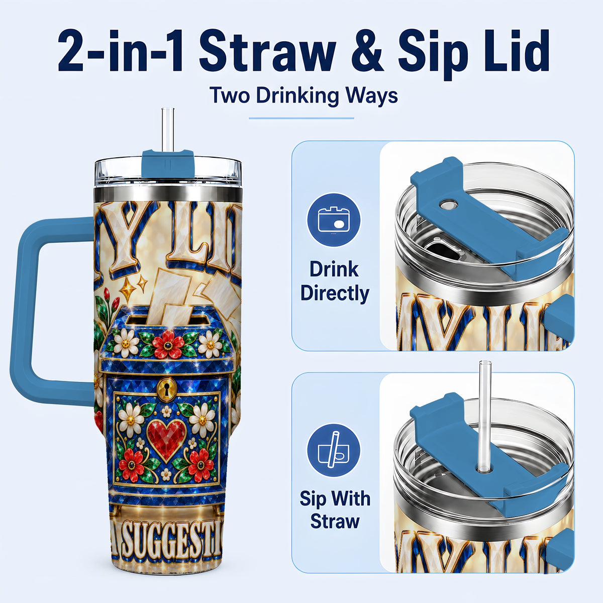 #pl[40oz|Blue] Jeweled Floral Box 40oz Tumbler with Handle, Witty Travel Cup
