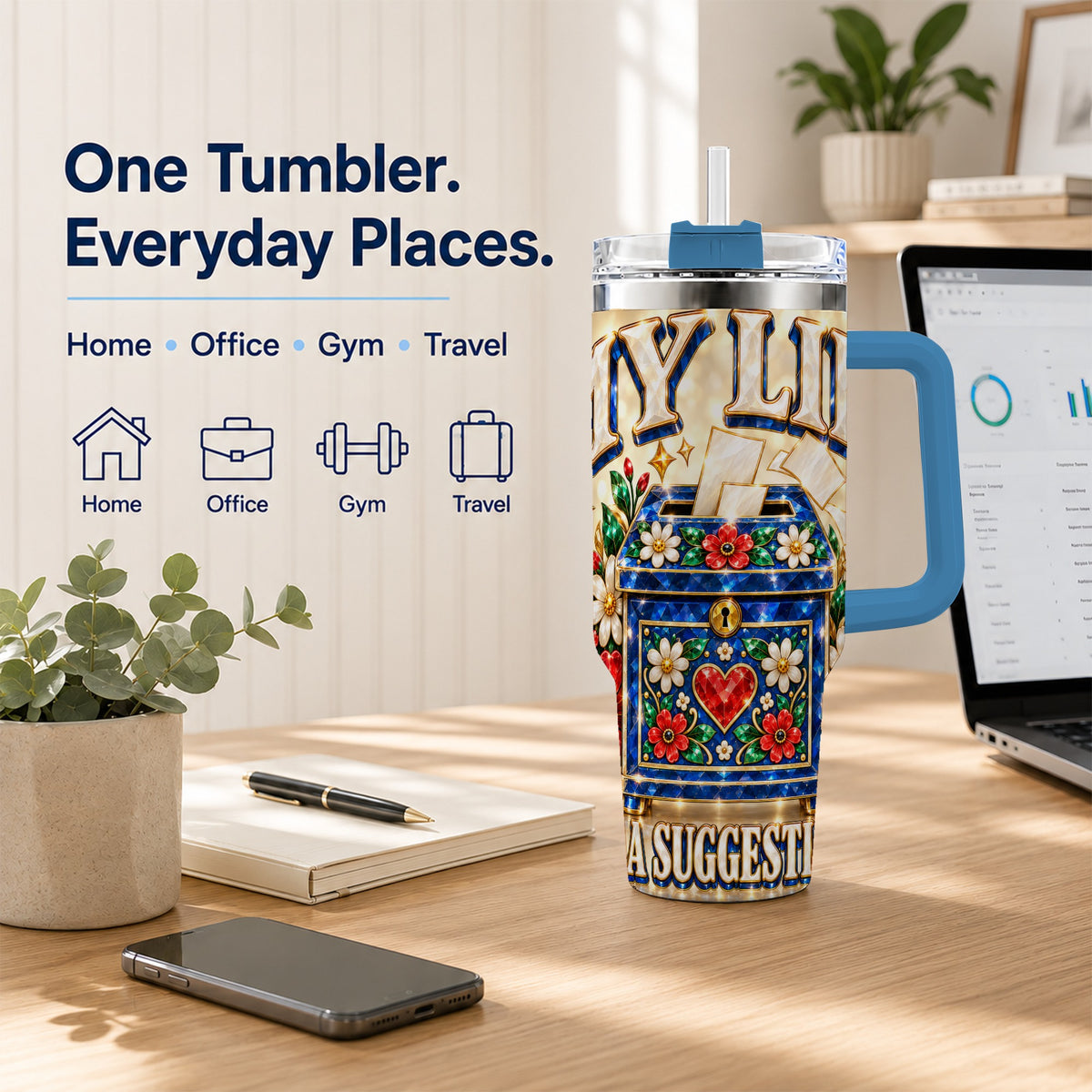 #pl[40oz|Blue] Jeweled Floral Box 40oz Tumbler with Handle, Witty Travel Cup