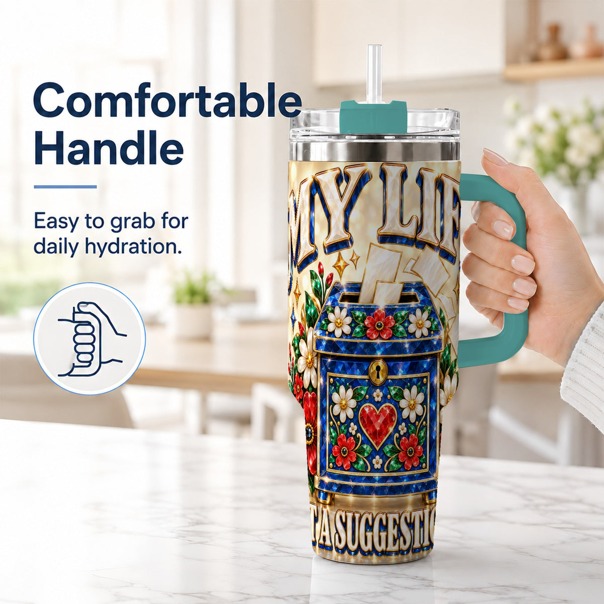 #pl[40oz|Green] Jeweled Floral Box 40oz Tumbler with Handle, Witty Travel Cup