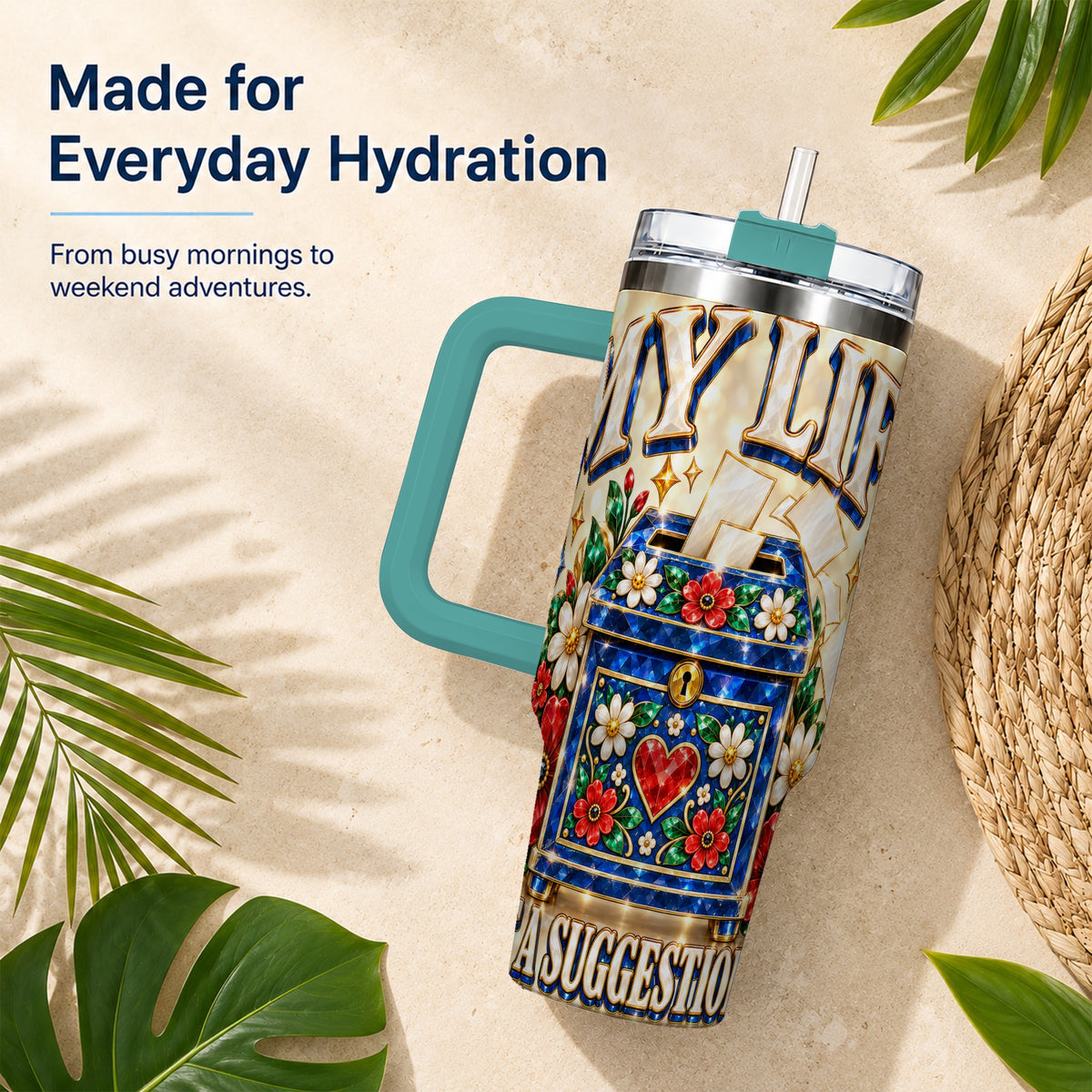 #pl[40oz|Green] Jeweled Floral Box 40oz Tumbler with Handle, Witty Travel Cup