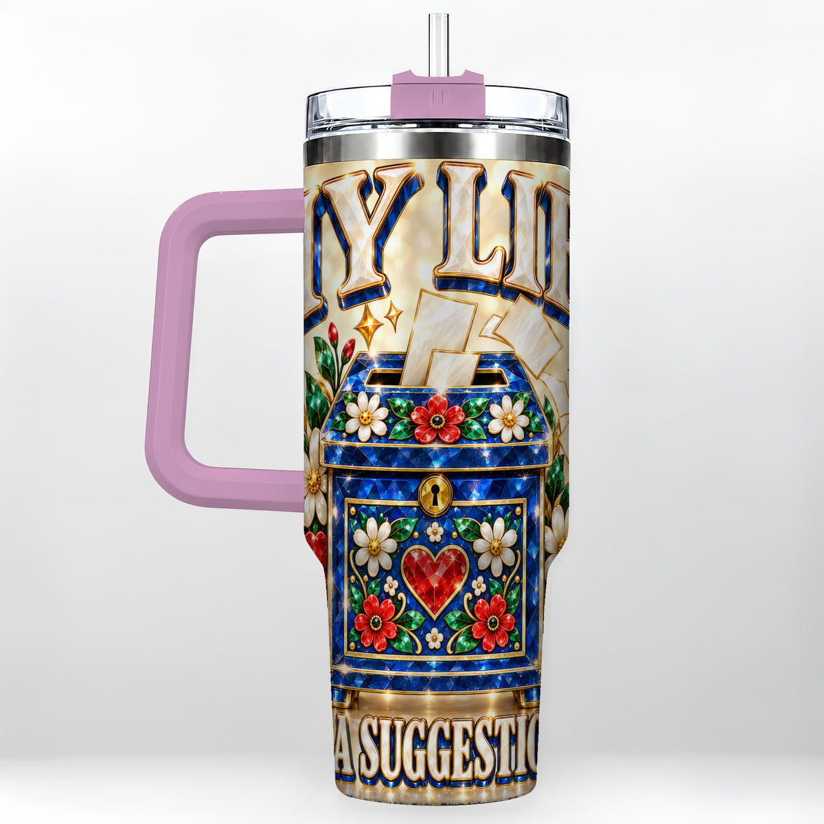 #pl[40oz|Pink] Jeweled Floral Box 40oz Tumbler with Handle, Witty Travel Cup