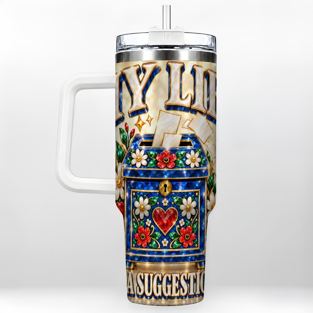 Jeweled Floral Box 40oz Tumbler with Handle, Witty Travel Cup