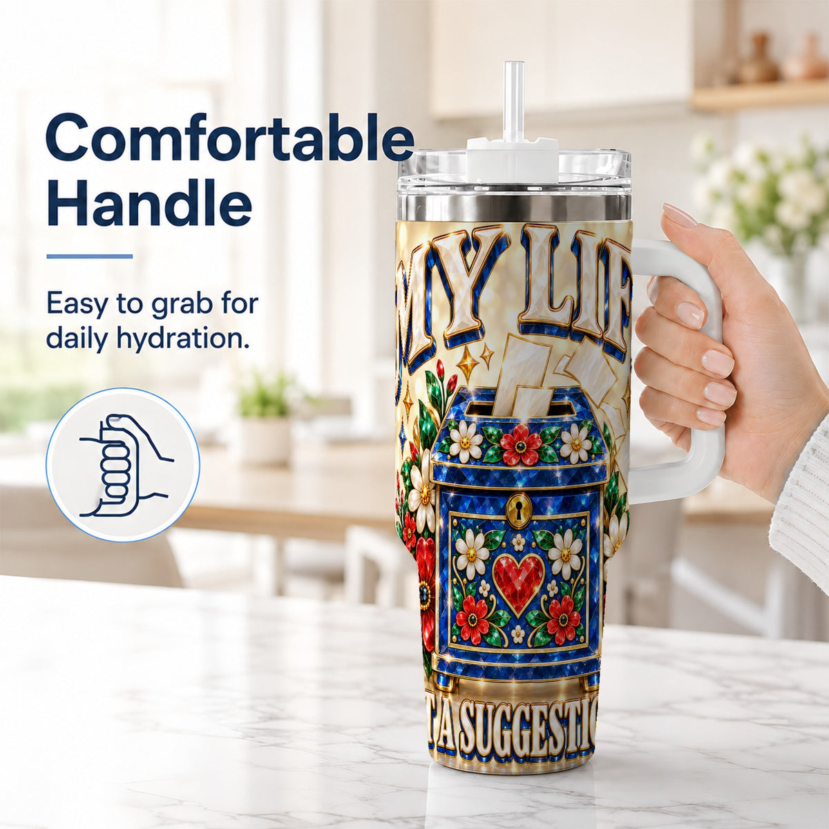 #pl[40oz|White] Jeweled Floral Box 40oz Tumbler with Handle, Witty Travel Cup