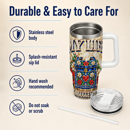 #pl[40oz|White] Jeweled Floral Box 40oz Tumbler with Handle, Witty Travel Cup