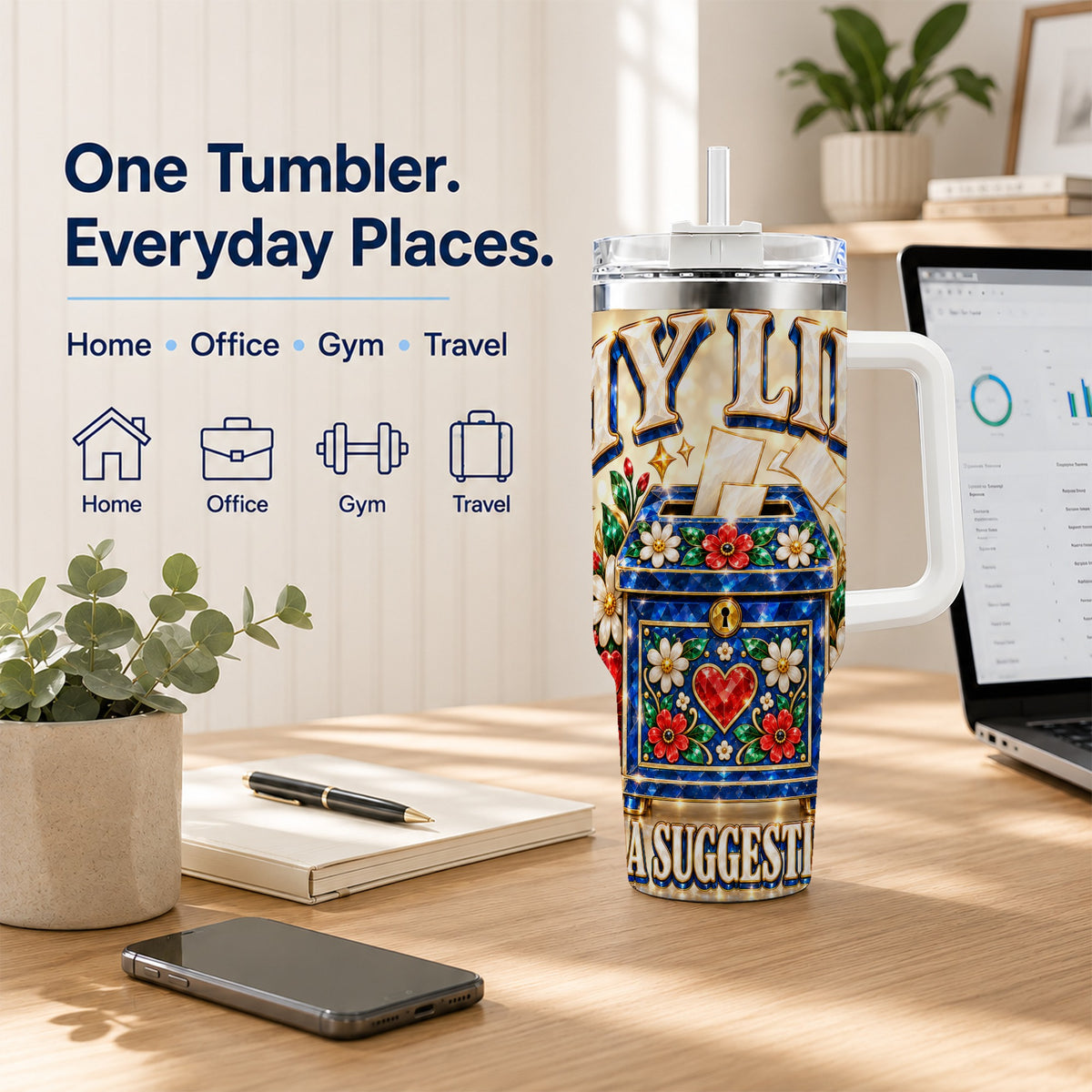 #pl[40oz|White] Jeweled Floral Box 40oz Tumbler with Handle, Witty Travel Cup