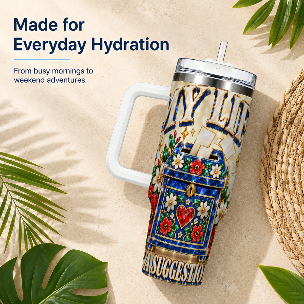 #pl[40oz|White] Jeweled Floral Box 40oz Tumbler with Handle, Witty Travel Cup