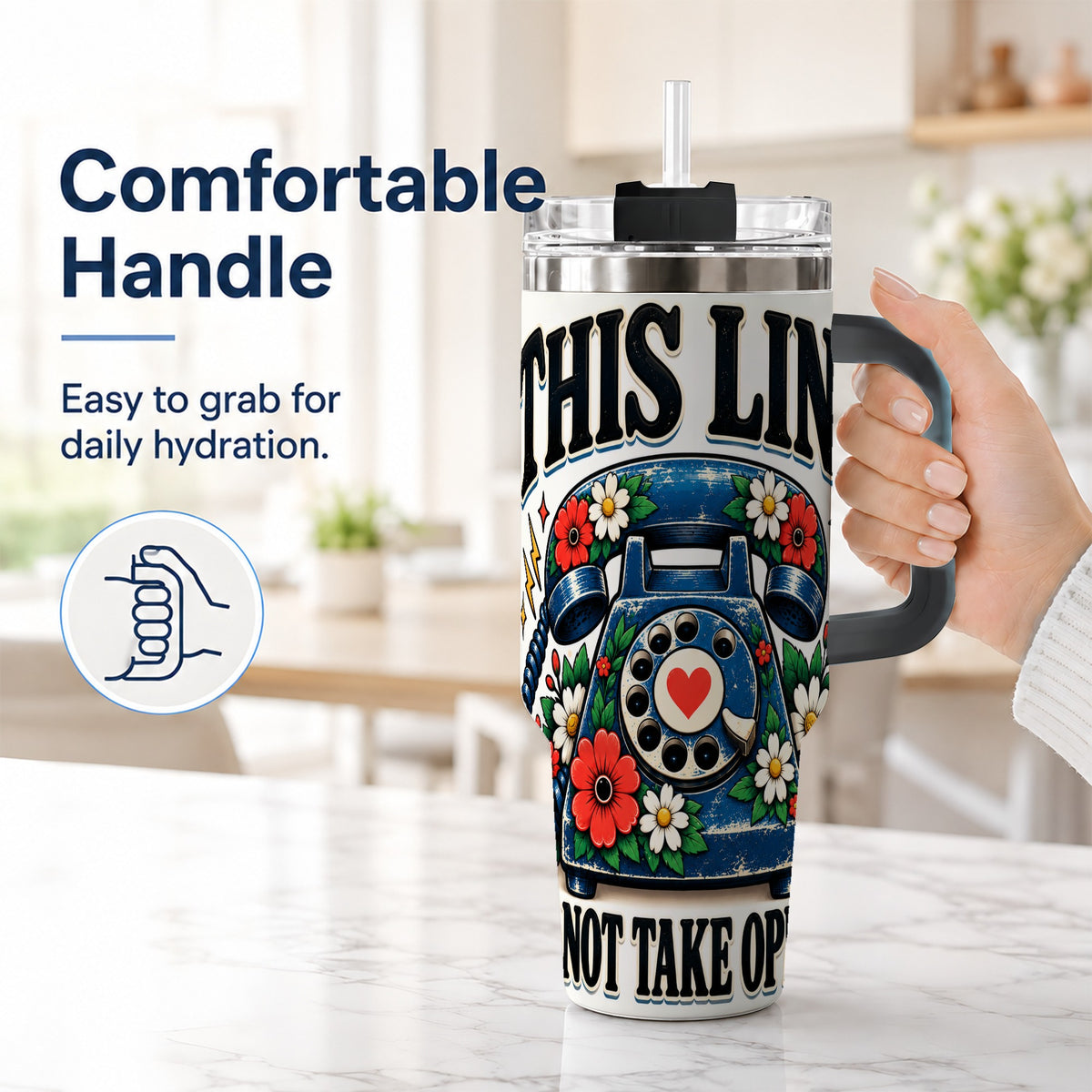 #pl[40oz|Black] Retro Rotary Phone 40oz Tumbler with Handle, Floral Travel Cup