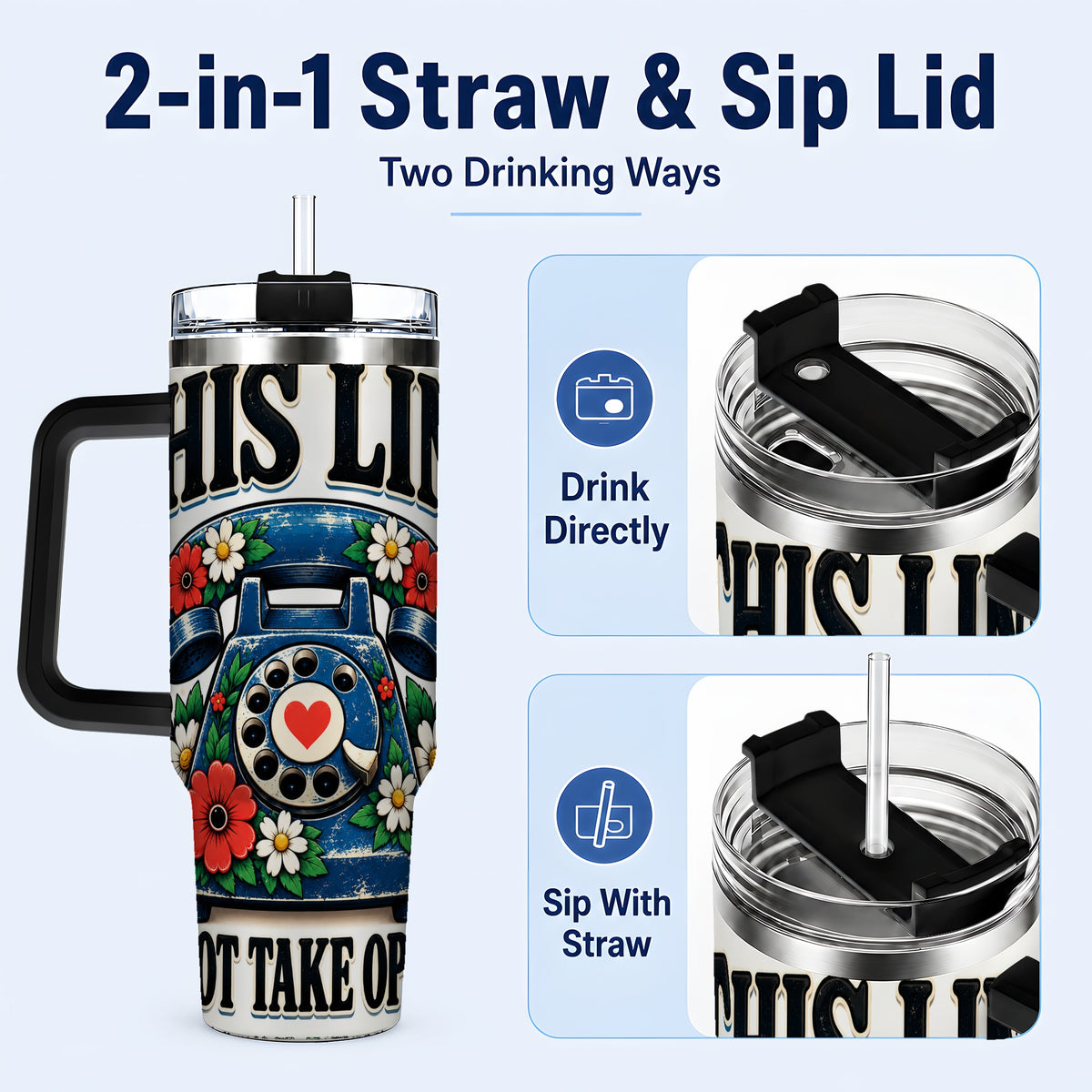 #pl[40oz|Black] Retro Rotary Phone 40oz Tumbler with Handle, Floral Travel Cup