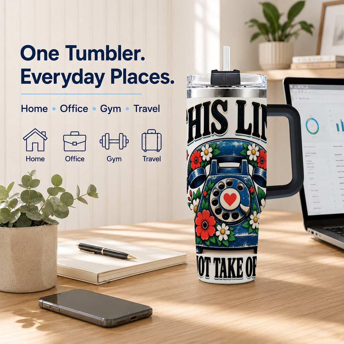 #pl[40oz|Black] Retro Rotary Phone 40oz Tumbler with Handle, Floral Travel Cup