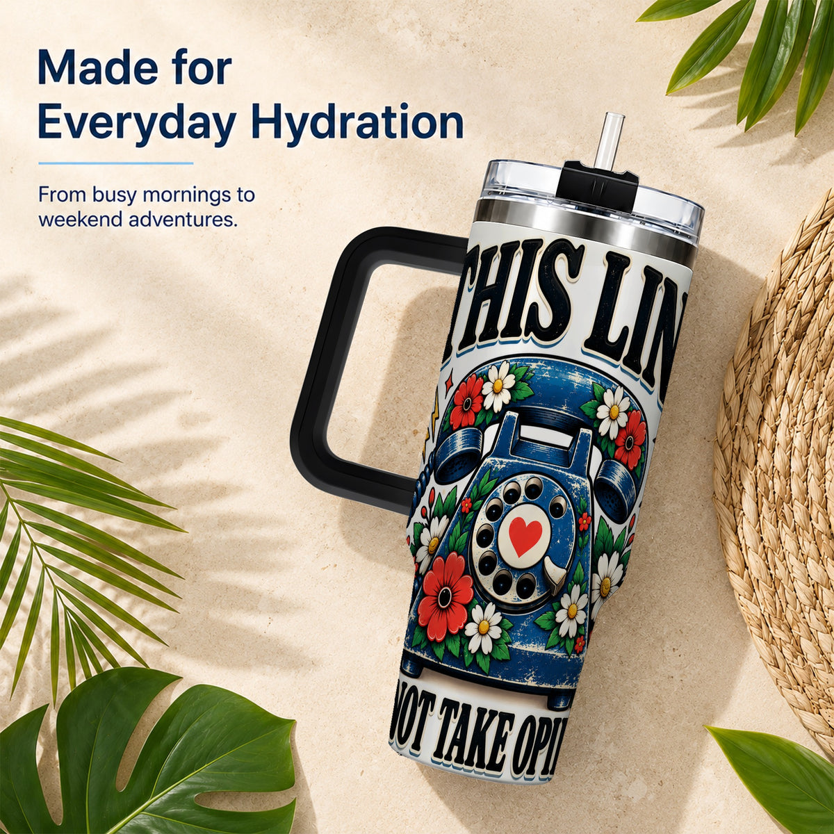 #pl[40oz|Black] Retro Rotary Phone 40oz Tumbler with Handle, Floral Travel Cup