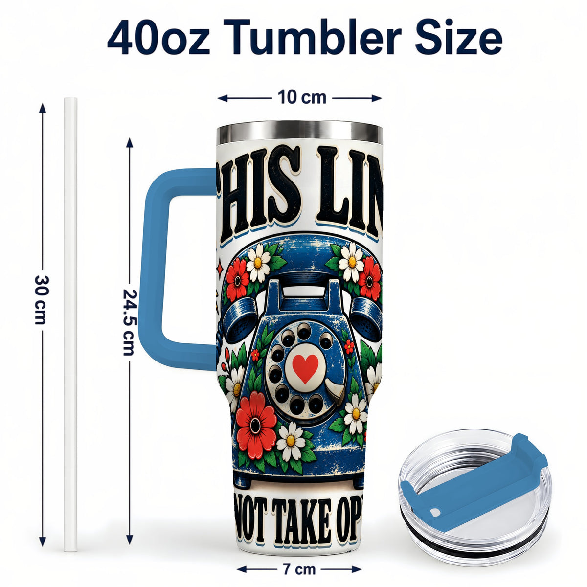 #pl[40oz|Blue] Retro Rotary Phone 40oz Tumbler with Handle, Floral Travel Cup